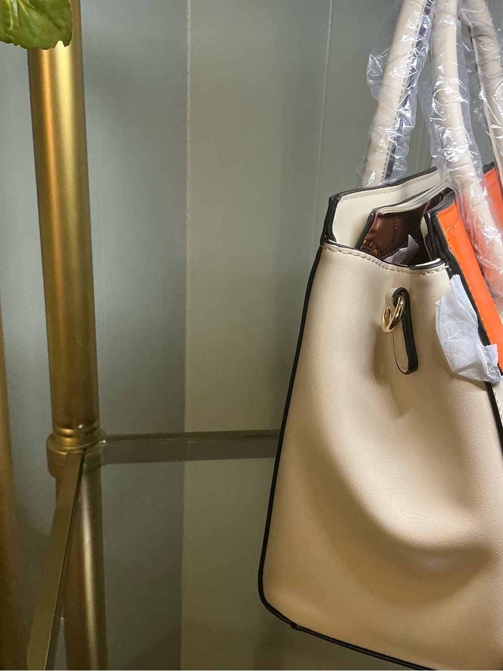 Cream and Orange Structured Top-Handle Satchel with Detachable Strap - Picture 3 of 4